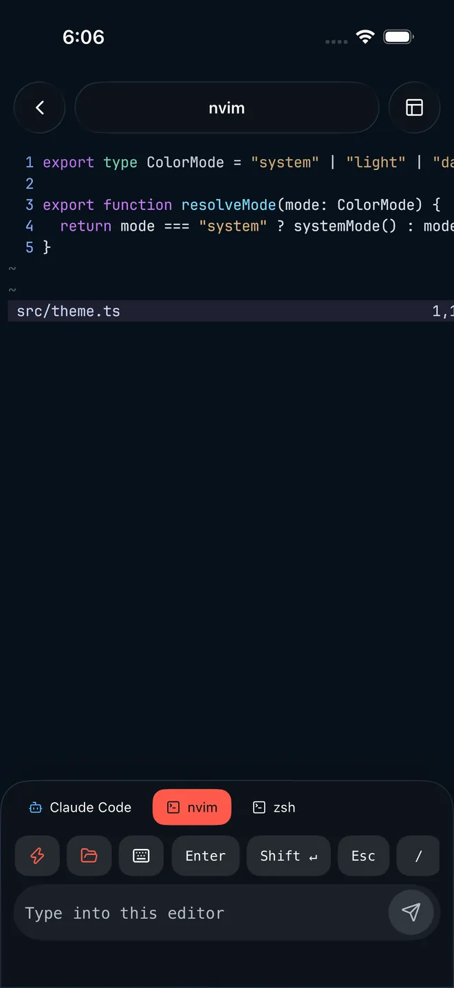 An nvim pane open on a TypeScript file, with chips along the bottom for the Claude Code, nvim and zsh terminals in the same group and the key row above the composer.