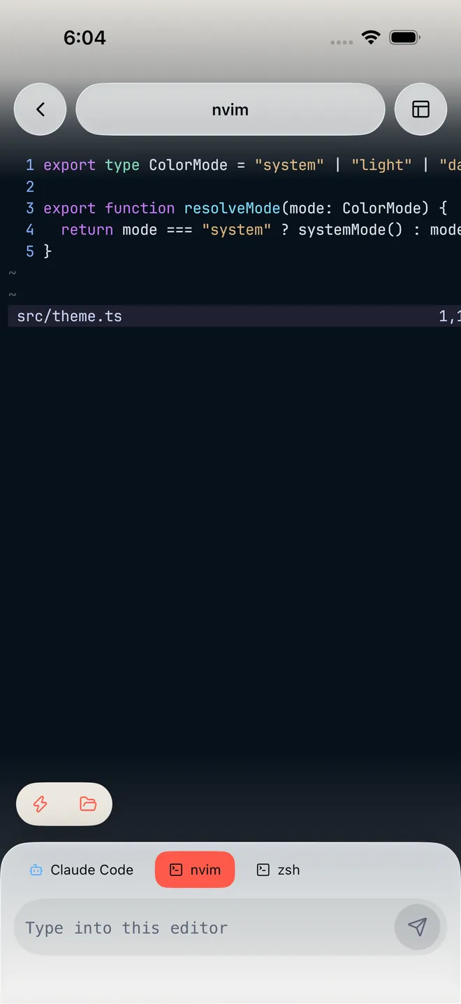 An nvim pane open on a TypeScript file, with chips along the bottom for the Claude Code, nvim and zsh terminals in the same group and the key row above the composer.